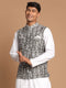 Vastramay Men's Mehdi Green And White Printed Cotton Blend Nehru Jacket